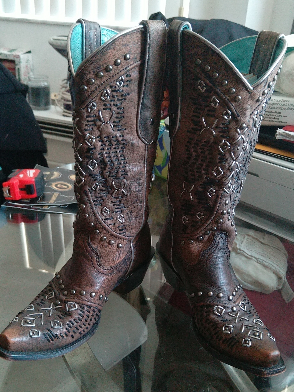 Corral Brown Western Lace-Up Embellished Boots with Teal Lining